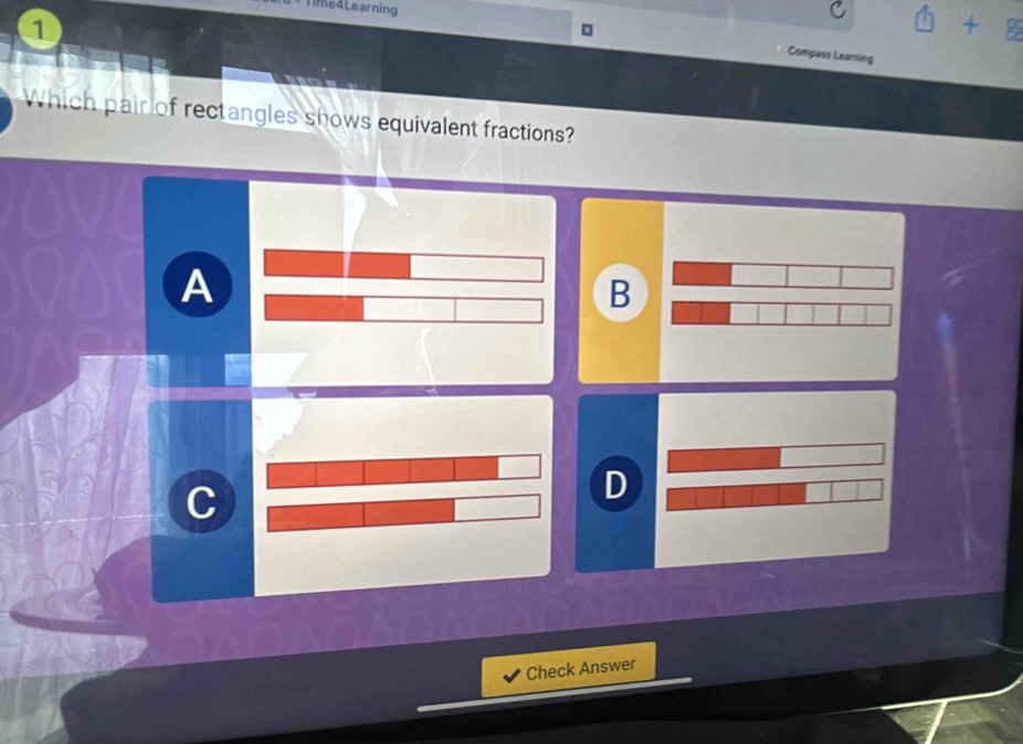 Time4Learning 
1 
Compess Learring 
Which pair of rectangles shows equivalent fractions? 
A 
B 
C 
D 
Check Answer