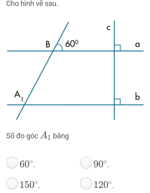 Cho hình vẽ sau.
Số đo góc A_1 bằng
60°.
90°.
150°.
120°.