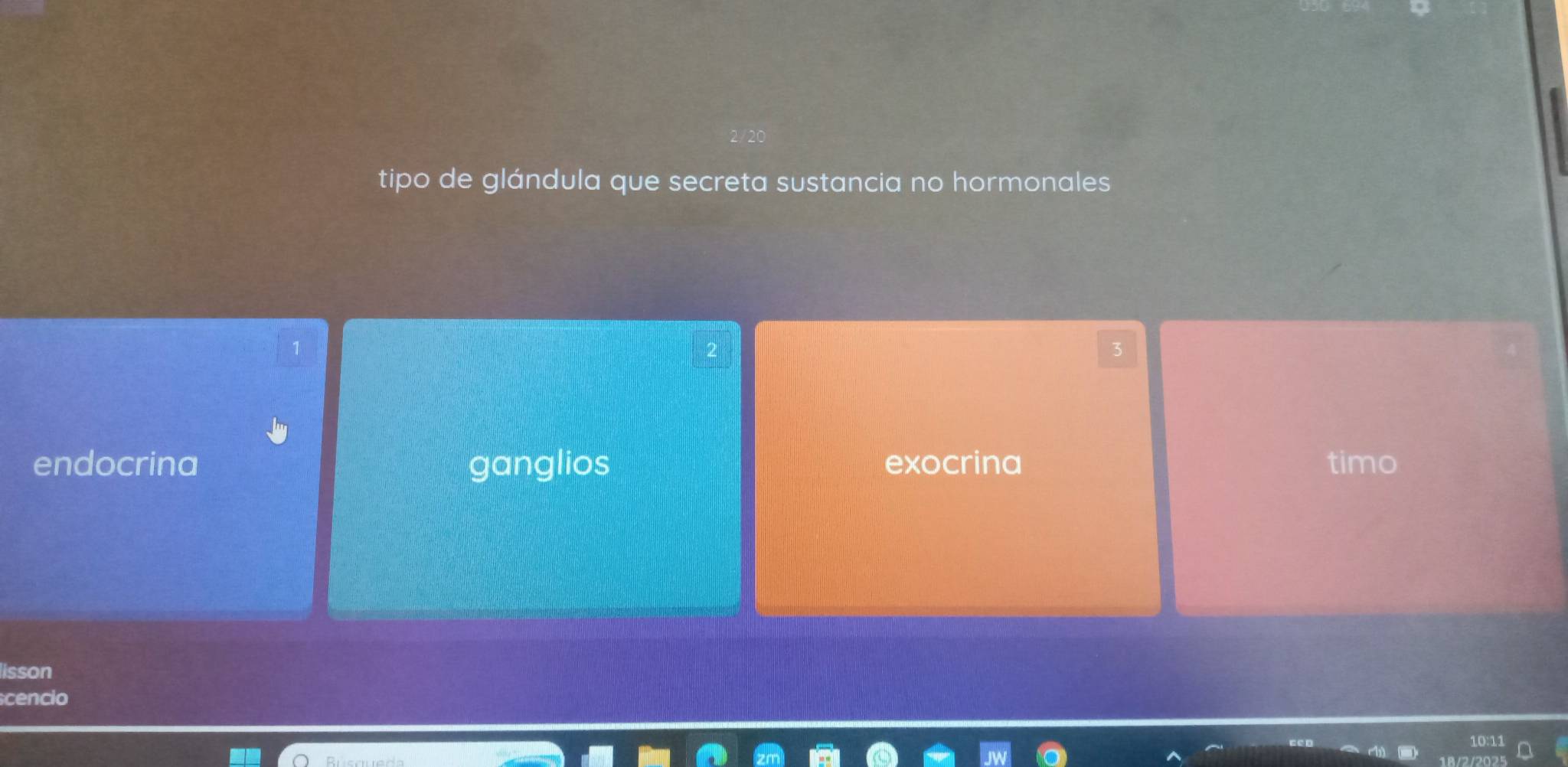 tipo de glándula que secreta sustancia no hormonales
3
endocrina ganglios exocrina timo
lisson
cencio