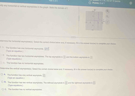 Par 2, gll 3 Points: 0 of 1 41 7 , à 5 of 12 peir
ntify any hortzontal or vertical asymptotes in the graph. State the domain of f
etermine the horizontal asymptote(s). Select the correct choice below and, if necessary, fill in the answer box(es) to complete your choice
A The function has one horizontal asymptote, y=1
(Type an equation.)
B. The function has two horizontal asymptotes. The top asymptote is □ and the bottom asymptote is □
(Type equations.)
C. The function has no horizontal asymplotes.
Determine the vertical asymptote(s). Select the correct choice below and, if necessary, fill in the enswer box(es) to complete your choice
A. The function has one vertical asymptote, □. 
(Type an equation.)
B. The function has two vertical asymptotes. The leftmost asymptote is □ and the rightmost asymptote is □. 
(Type equations.)
C. The function has no vertical asymptotes