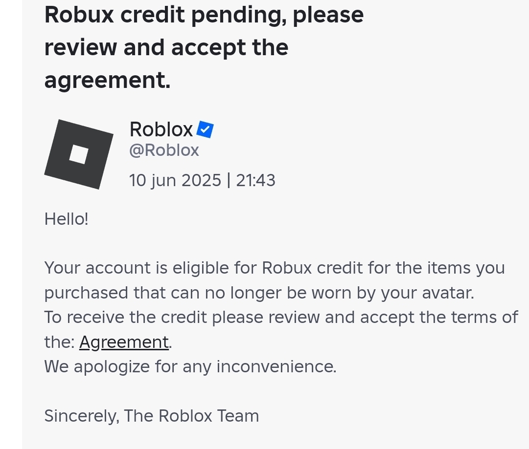 Resuelto:Robux credit pending, please review and accept the agreement ...