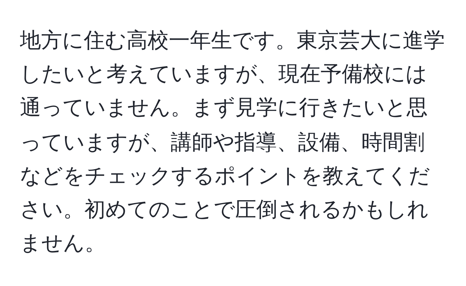 地方に住む高校一年生です。東京芸大に進学したいと考えていますが、現在予備校には通っていません。まず見学に行きたいと思っていますが、講師や指導、設備、時間割などをチェックするポイントを教えてください。初めてのことで圧倒されるかもしれません。