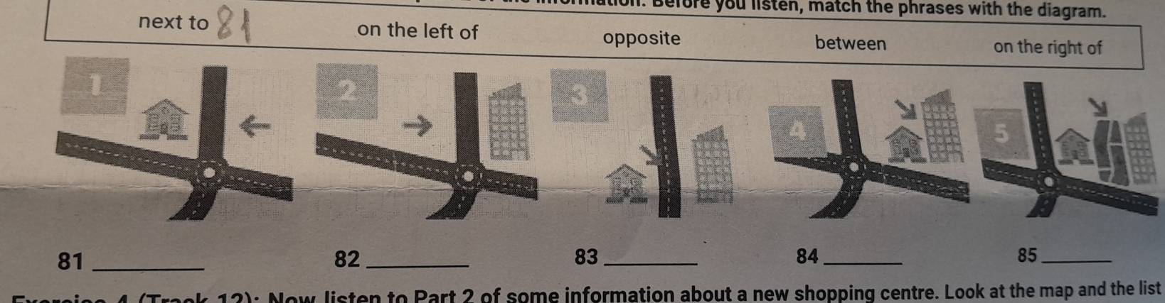 lation. Before you listen, match the phrases with the diagram.
next to on the left of
opposite between
on the right of
81 _
82 _
83 _
84 _
85 _
2): Now listen to Part 2 of some information about a new shopping centre. Look at the map and the list