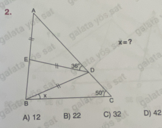 x= ?
A) 12 B) 22 C) 32 D) 42