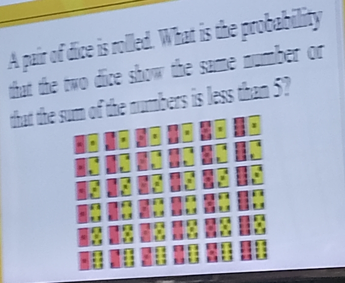 A pair of dice is rolled. What is the probability 
that the two dice show the same number or 
that the sum of the numbers is less than 5?
1 a