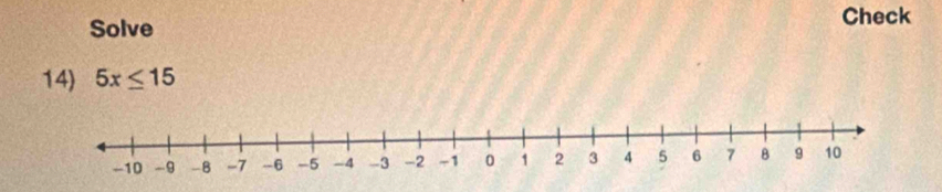 Solve 
Check 
14) 5x≤ 15