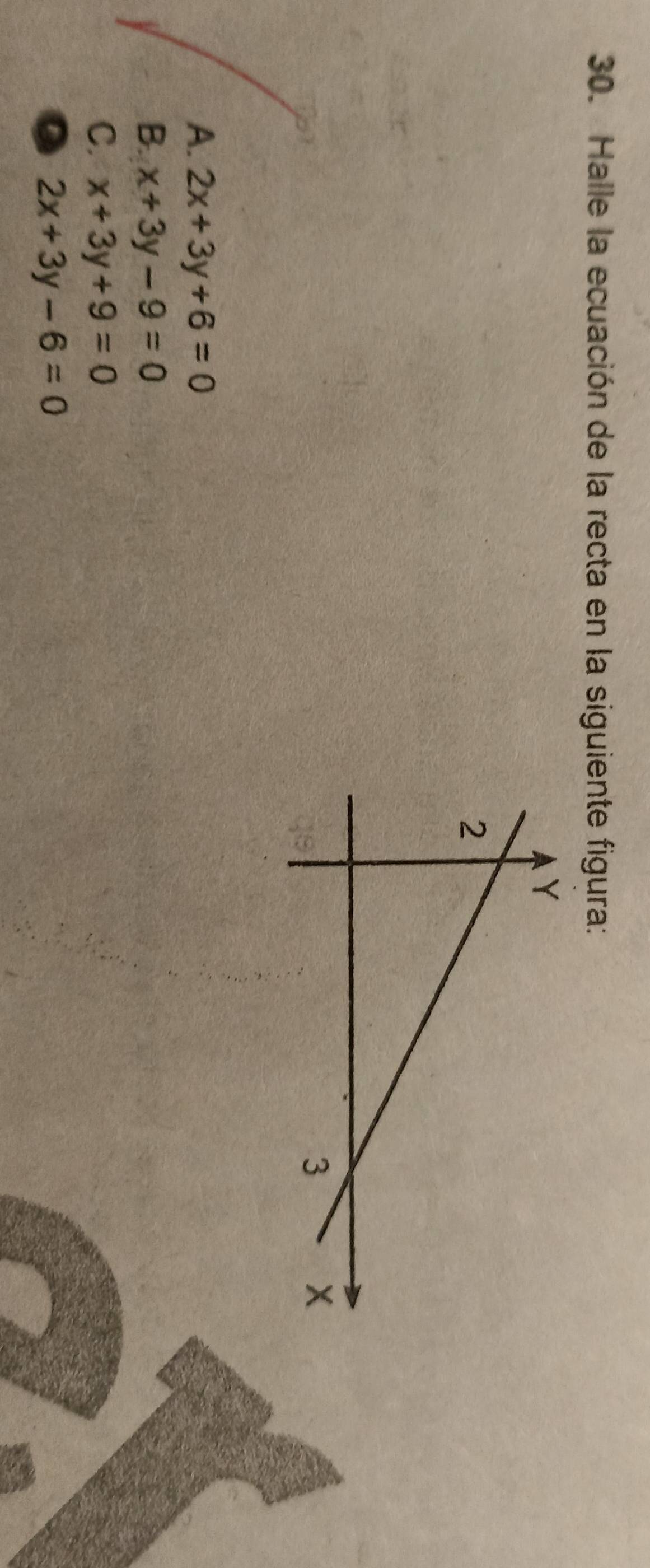 Halle la ecuación de la recta en la siguiente figura:
A. 2x+3y+6=0
B. x+3y-9=0
C. x+3y+9=0
a 2x+3y-6=0