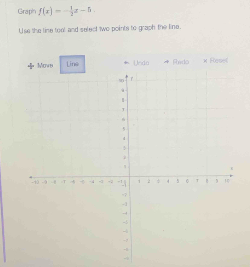 Graph f(x)=- 1/2 x-5. 
Use the line tool and select two points to graph the line. 
Undo Redo x Reset