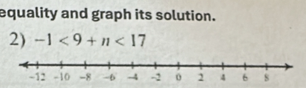 equality and graph its solution. 
2) -1<9+n<17</tex>