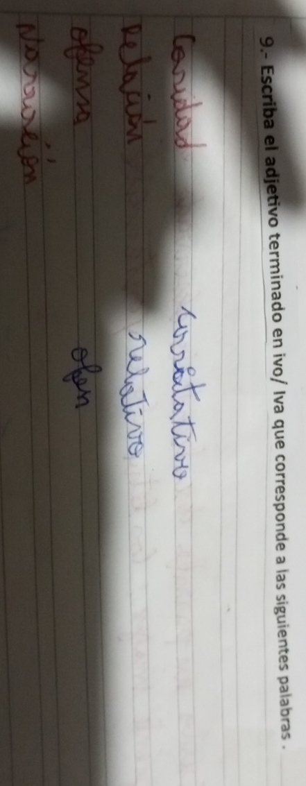 9.- Escriba el adjetivo terminado en ivo/ Iva que corresponde a las siguientes palabras .