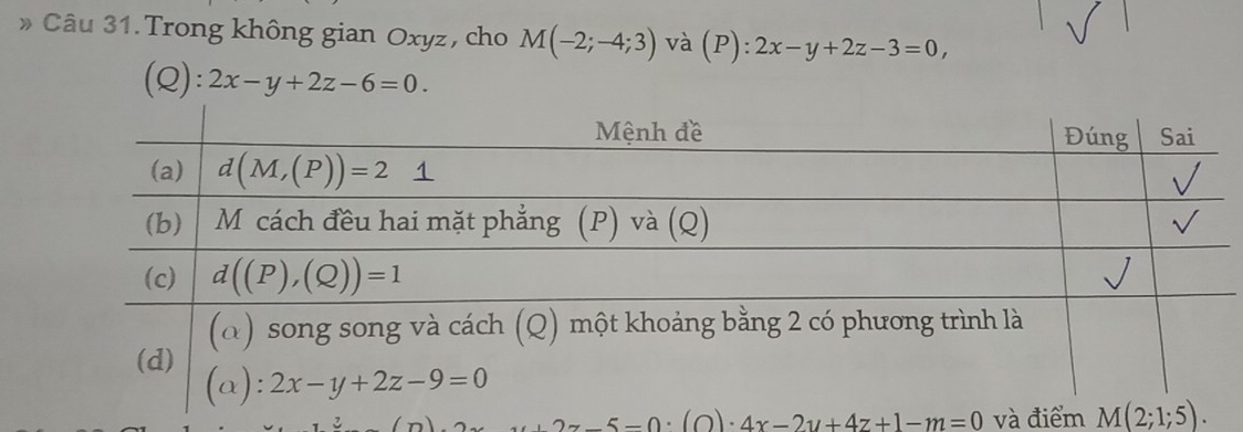 》 Câu 31. Trong không gian Oxyz, cho M(-2;-4;3) và (P): 2x-y+2z-3=0,
(Q): 2x-y+2z-6=0.
5-0· (O)· 4x-2y+4z+1-m=0 và điểm M(2;1;5).