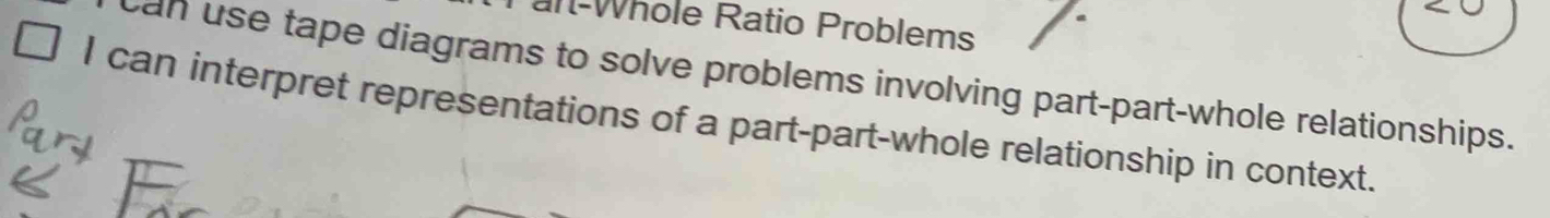 rt-Whole Ratio Problems 
can use tape diagrams to solve problems involving part-part-whole relationships. 
I can interpret representations of a part-part-whole relationship in context.