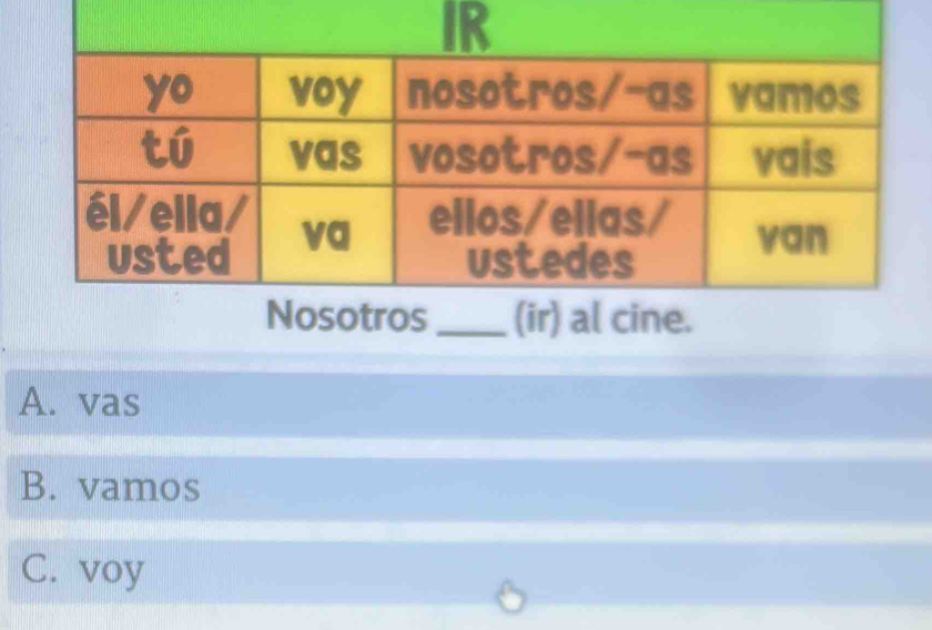 Nosotros_ (ir) al cine.
A. vas
B. vamos
C. voy