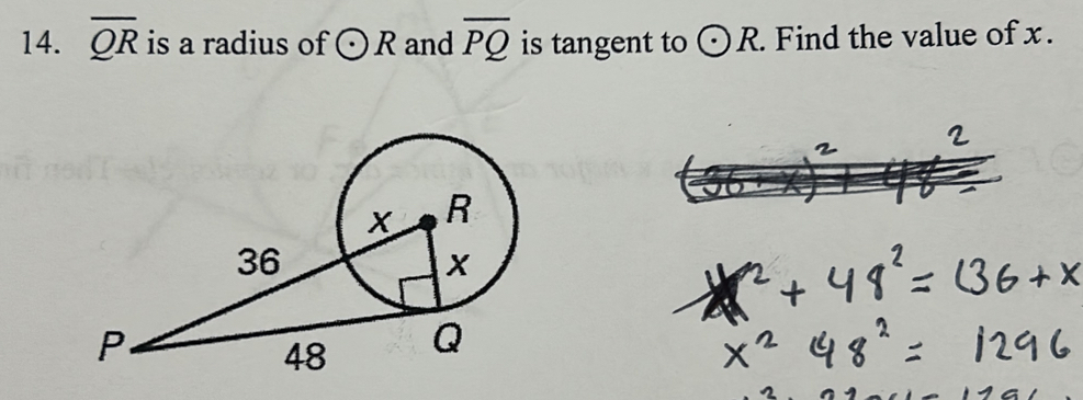 overline QR is a radius of odot R and overline PQ is tangent to odot R. Find the value of x.