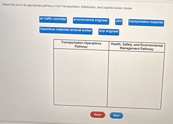 Match the job to its appropriate pathway in the Transportation, Distribution, and Logistics career cluster.
air traffic controller environmental engineer pilot transportation inspector
hazardous materials removal worker ship engineer
Reset Next