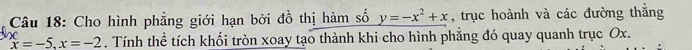 Cho hình phẳng giới hạn bởi đồ thị hàm số y=-x^2+x , trục hoành và các đường thắng
x=-5, x=-2. Tính thể tích khối tròn xoay tạo thành khi cho hình phẳng đó quay quanh trục Ox.