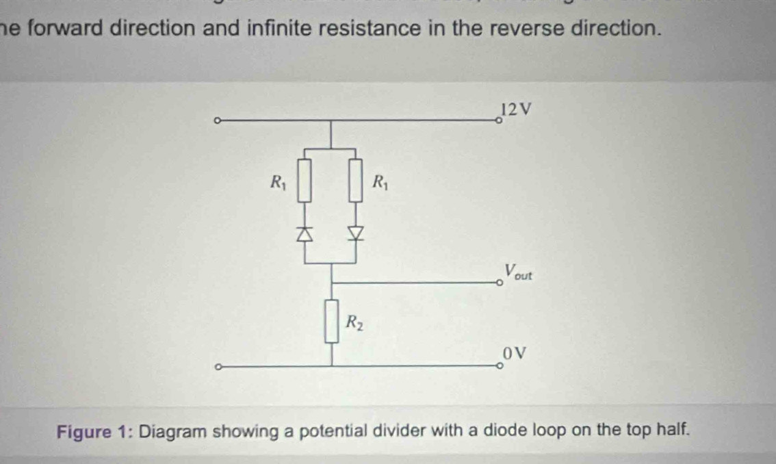 he forward direction and infinite resistance in the reverse direction.
Figure 1: Diagram showing a potential divider with a diode loop on the top half.