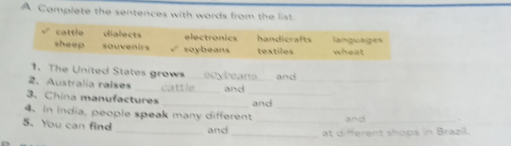 A Complete the sentences with words from the list.
cattle dialects electronics handicrafts languages
sheep souvenirs soybeans textiles wheat
1. The United States grows scybeans and
2. Australia raíses _cattle_ and__
3. China manufactures
_
_and
4. In India, people speak many different_
_and_
、
5. You can find
_and _at different shops in Brazil.