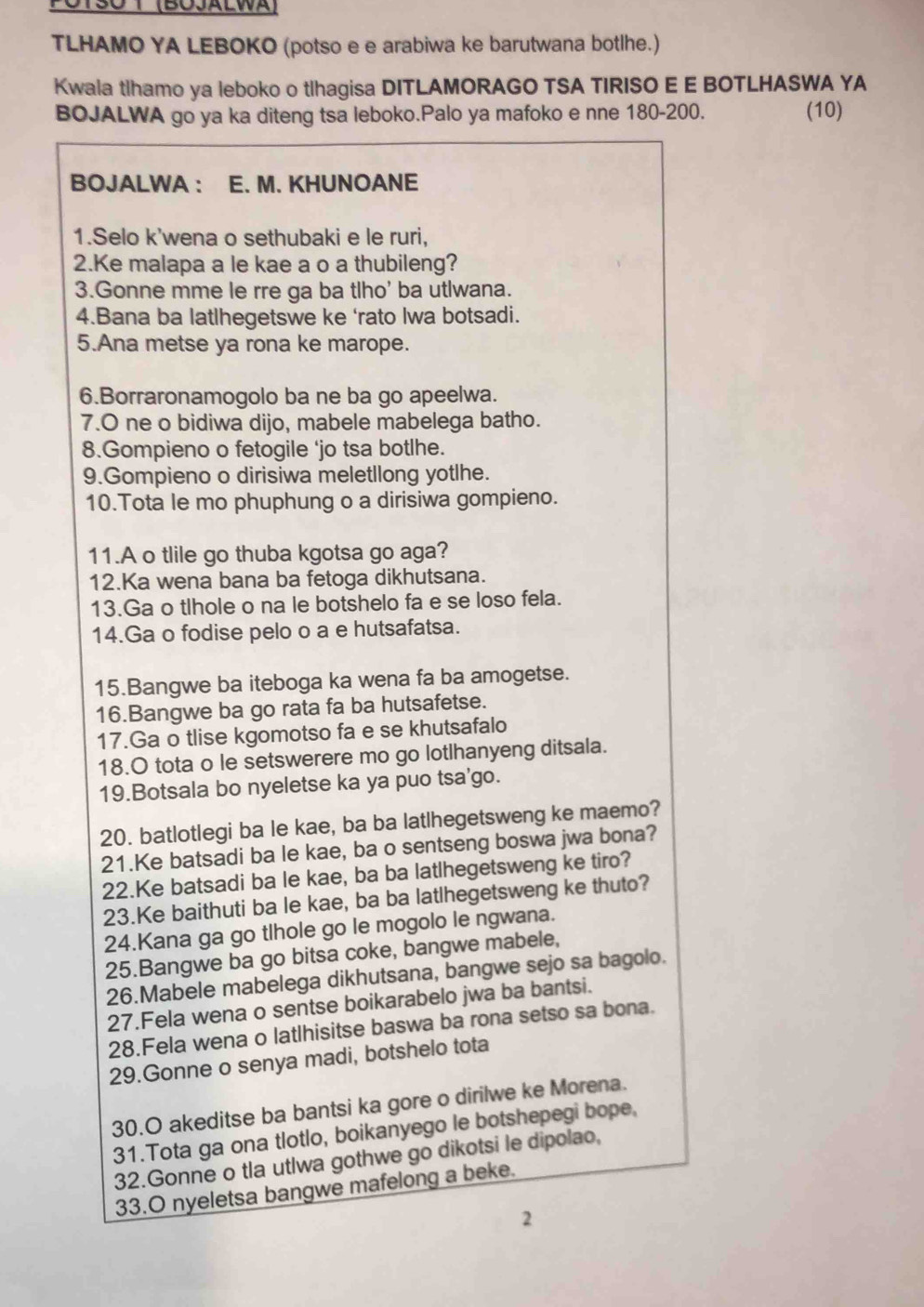 Solved: otso T (BoJalWa TLHAMO YA LEBOKO (potso e e arabiwa ke ...