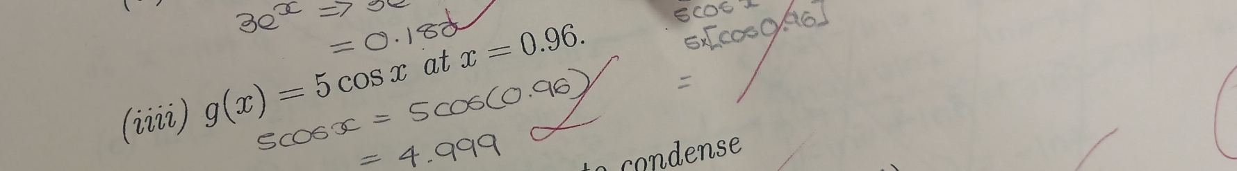 (iiii) g(x)=5cos x at x=0.96. 
condense