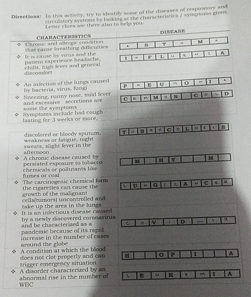 Directions: In this activity, try to identify some of the diseases of respiratory and 
circulatory systems by looking at the characteristics / symptoms given. 
Letter clues are there also to help you.