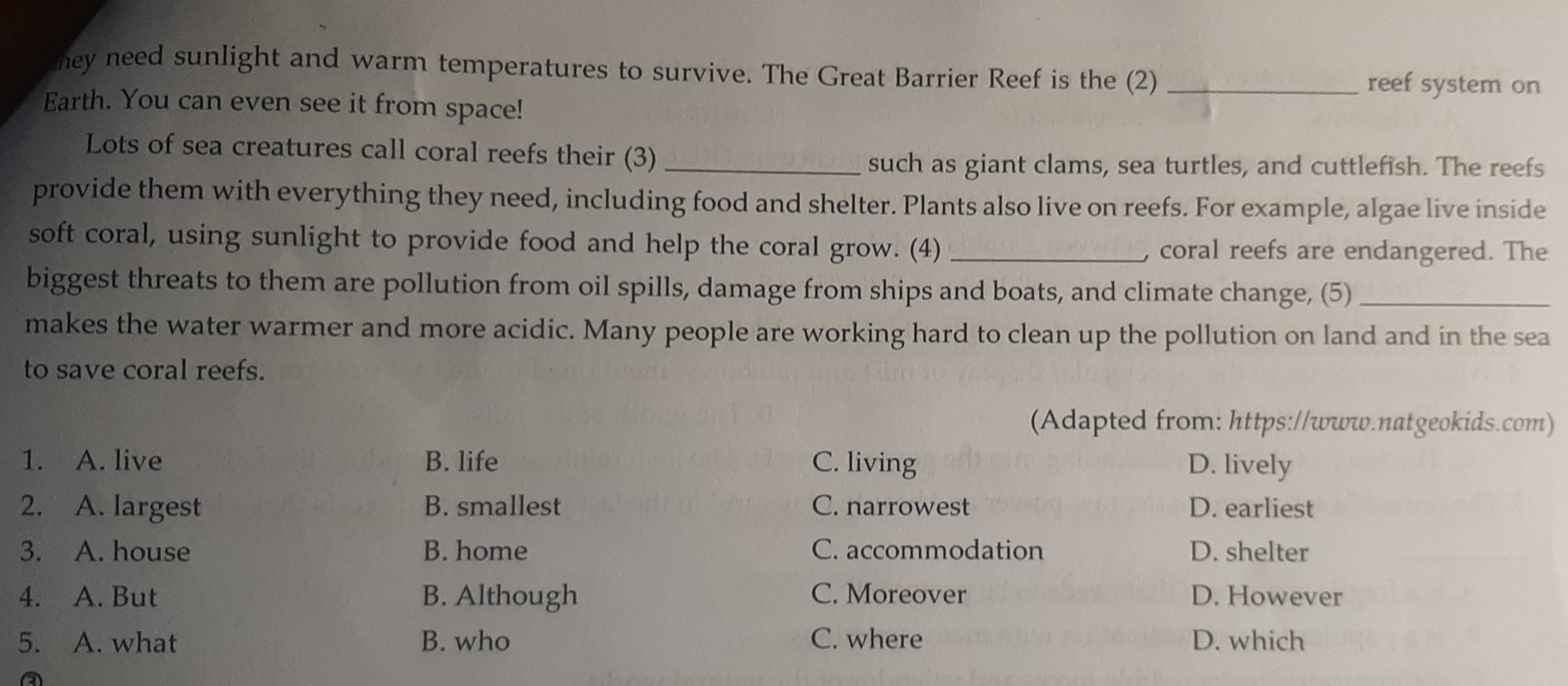 hey need sunlight and warm temperatures to survive. The Great Barrier Reef is the (2) _reef system on
Earth. You can even see it from space!
Lots of sea creatures call coral reefs their (3)_
such as giant clams, sea turtles, and cuttlefish. The reefs
provide them with everything they need, including food and shelter. Plants also live on reefs. For example, algae live inside
soft coral, using sunlight to provide food and help the coral grow. (4) _, coral reefs are endangered. The
biggest threats to them are pollution from oil spills, damage from ships and boats, and climate change, (5)_
makes the water warmer and more acidic. Many people are working hard to clean up the pollution on land and in the sea
to save coral reefs.
(Adapted from: https://www.natgeokids.com)
1. A. live B. life C. living D. lively
2. A. largest B. smallest C. narrowest D. earliest
3. A. house B. home C. accommodation D. shelter
4. A. But B. Although C. Moreover D. However
5. A. what B. who C. where D. which
a