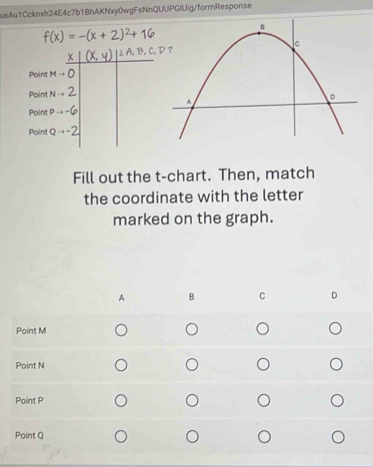 uxAu1Ccknxh24E4c7b1BhAKNxy0wgFsNnQUUPG|Uig/formResponse
f(x)=-(x+2)^2+16
x (x,y) ∠ A b , C, 
Point : M → D
Poin't N - 2.
Point P → -G 
Point Q →-2
Fill out the t-chart. Then, match
the coordinate with the letter
marked on the graph.
