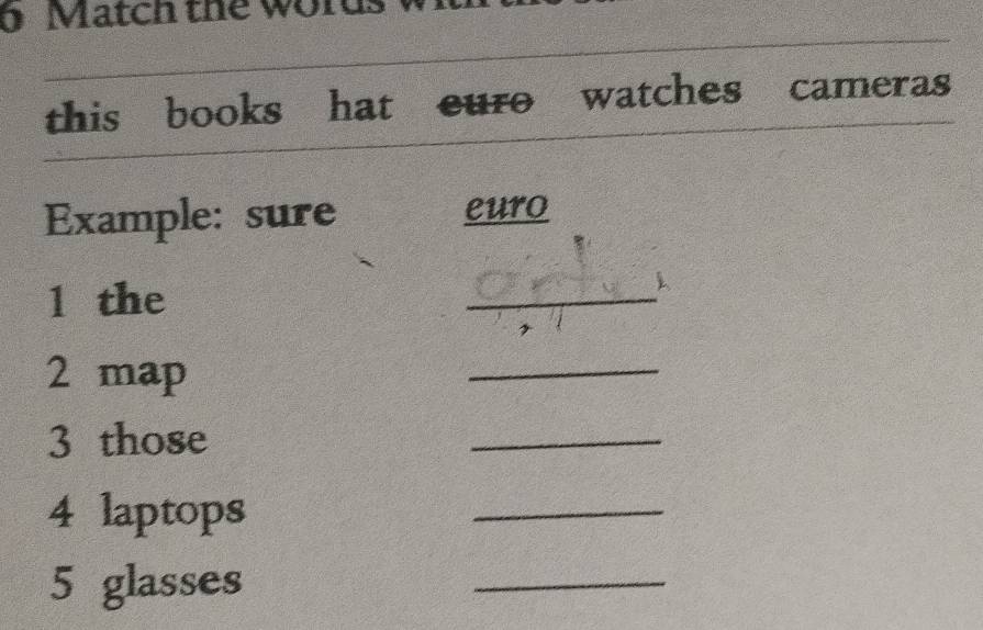 Match the worus 
this books hat euro watches cameras 
Example: sure euro 
1 the 
_ 
2 map 
_ 
3 those 
_ 
4 laptops 
_ 
5 glasses 
_