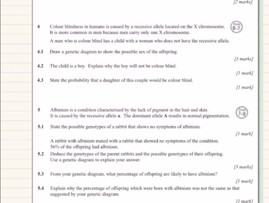 Colour blindness in humans is caused by a recessive allele located on the X chromosome. Grad 
6 -7 
It is more common in men because men carry only one X chromosome. 
A man who is colour blind has a child with a woman who does not have the recessive allele. 
4.1 Draw a genetic diagram to show the possible sex of the offspring. 
[3 marks] 
4.2 The child is a boy. Explain why the boy will not be colour blind. 
[1 mark] 
4.3 State the probability that a daughter of this couple would be colour blind. 
[1 mark] 
5 Albinism is a condition characterised by the lack of pigment in the hair and skin. Grad 
It is caused by the recessive allele a. The dominant allele A results in normal pigmentation. 7-9 
5.1 State the possible genotypes of a rabbit that shows no symptoms of albinism. 
[l mark] 
A rabbit with albinism mated with a rabbit that showed no symptoms of the condition.
56% of the offspring had albinism. 
5.2 Deduce the genotypes of the parent rabbits and the possible genotypes of their offspring. 
Use a genetic diagram to explain your answer. 
[3 marks] 
5.3 From your genetic diagram, what percentage of offspring are likely to have albinism? 
[1 mark] 
5.4 Explain why the percentage of offspring which were born with albinism was not the same as that 
suggested by your genetic diagram. 
[l mark]