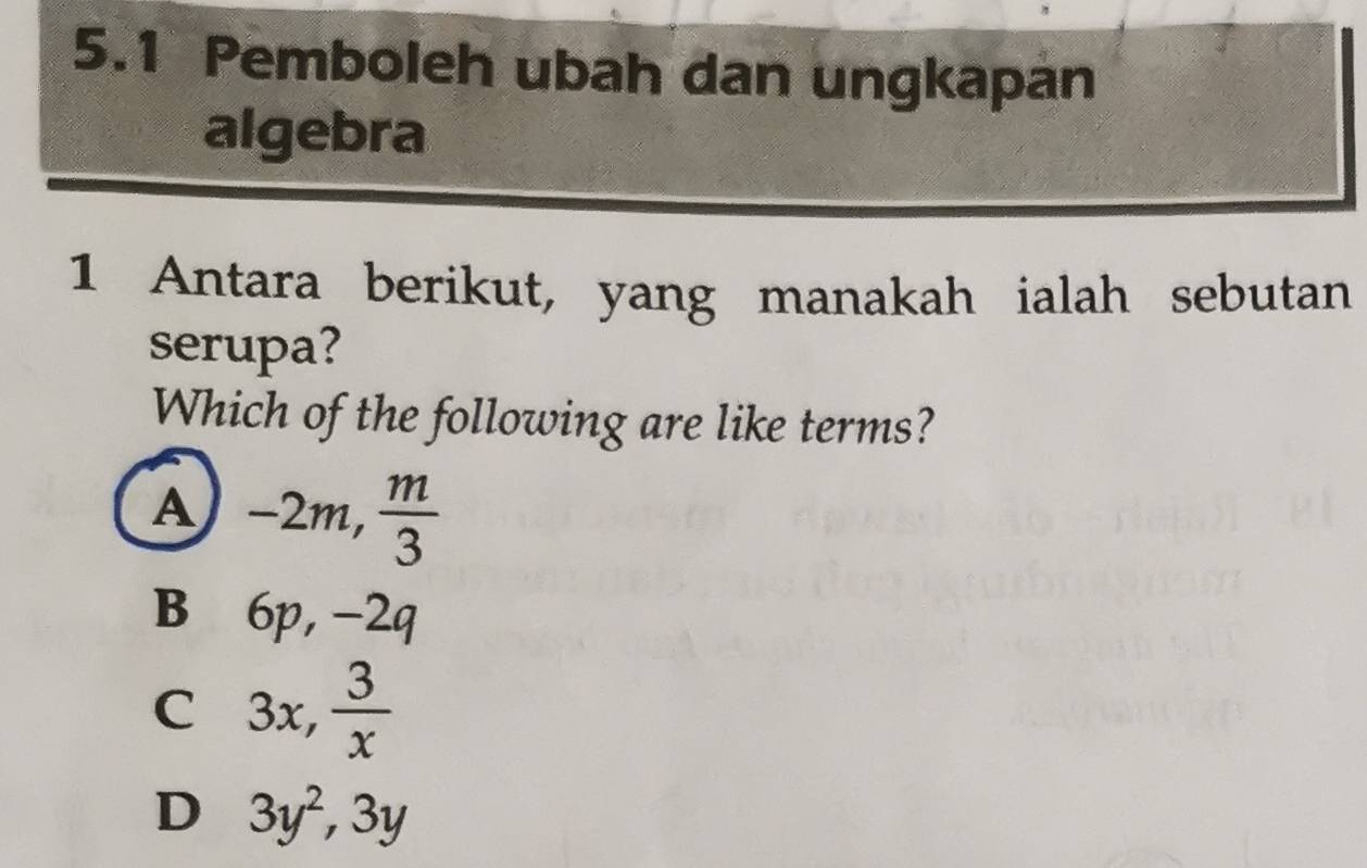 5.1 Pemboleh ubah dan ungkapan
algebra
1 Antara berikut, yang manakah ialah sebutan
serupa?
Which of the following are like terms?
A -2m,  m/3 
B 6p, -2q
C 3x,  3/x 
D 3y^2, 3y