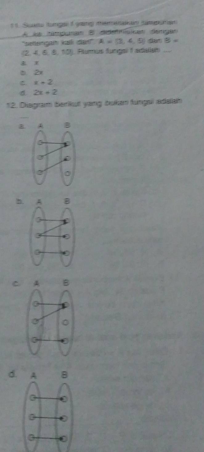 Suato lungai f gang mererakan fmputan
A ke dimpuran B didetfískan dengãn
'settengafı kaflı dar!" A= 3,4,6 dao B=
2 4,6,8,10) ) Remus fungai f adala ..

o 2x
C x+2
d 2x+2
12. Diagram berikut yang bukan fungai adaah
b.
C
d.