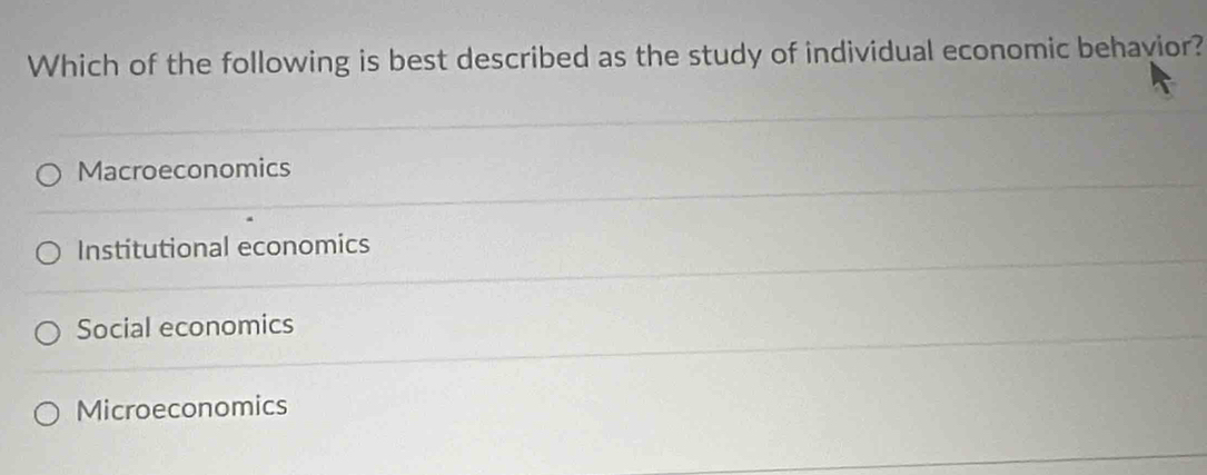 Which of the following is best described as the study of individual economic behavior?
Macroeconomics
Institutional economics
Social economics
Microeconomics