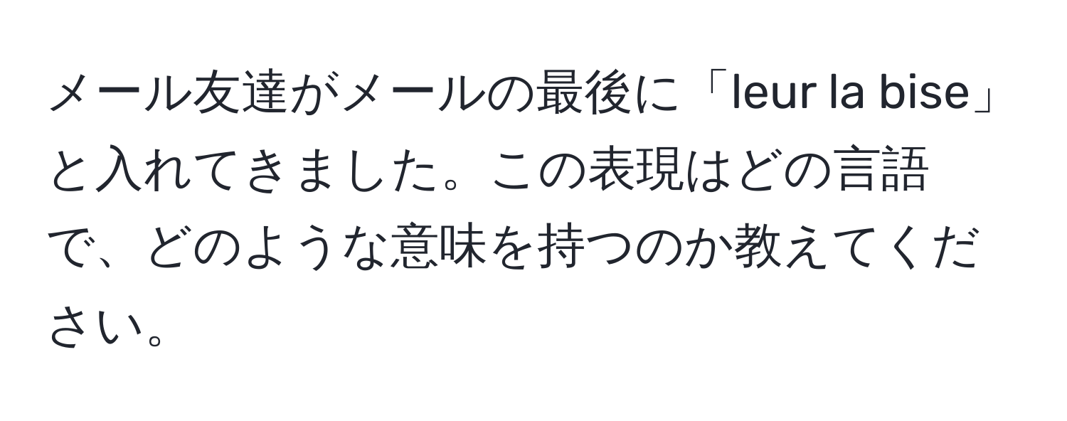 メール友達がメールの最後に「leur la bise」と入れてきました。この表現はどの言語で、どのような意味を持つのか教えてください。