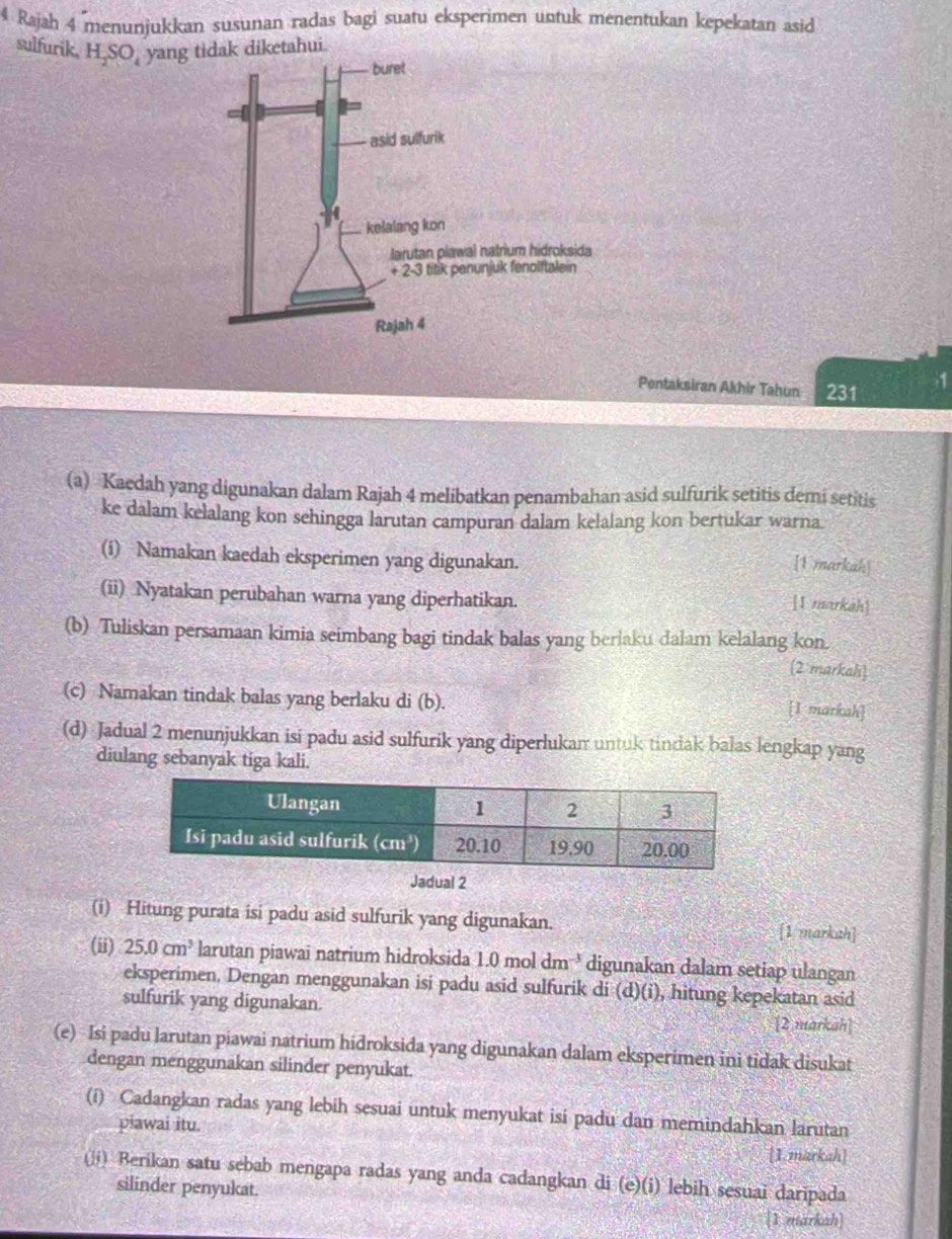 a Rajah 4 menunjukkan susunan radas bagi suatu eksperimen untuk menentukan kepekatan asid
sulfurik, H_2SO_4 yang tidak diketahui.
Pentaksiran Akhir Tahun 231 1
(a) Kaedah yang digunakan dalam Rajah 4 melibatkan penambahan asid sulfurik setitis demi setitis
ke dalam kelalang kon sehingga larutan campuran dalam kelalang kon bertukar warna
(i) Namakan kaedah eksperimen yang digunakan.
[E markah]
(ii) Nyatakan perubahan warna yang diperhatikan.
1 markah]
(b) Tuliskan persamaan kimia seimbang bagi tindak balas yang berlaku dalam kelalang kon.
(2 markah)
(c) Namakan tindak balas yang berlaku di (b). [1 markah]
(d) Jadual 2 menunjukkan isi padu asid sulfurik yang diperlukan untuk tindak balas lengkap yang
diulang sebanyak tiga kali.
Jadual 2
(i) Hitung purata isi padu asid sulfurik yang digunakan. [1 markah]
(ii) 25.0cm^3 larutan piawai natrium hidroksida 1.0moldm^(-3) digunakan dalam setiap ulangan
eksperimen. Dengan menggunakan isi padu asid sulfurik di (d)(i), hitung kepekatan asid
sulfurik yang digunakan.
[2 markah]
(e) Isi padu larutan piawai natrium hidroksida yang digunakan dalam eksperimen ini tidak disukat
dengan menggunakan silinder penyukat.
(i) Cadangkan radas yang lebih sesuai untuk menyukat isi padu dan memindahkan larutan
piawai itu.
[1. markah]
(ji) Berikan satu sebab mengapa radas yang anda cadangkan di (e)(i) lebih sesuai daripada
silinder penyukat.
[1 markah]