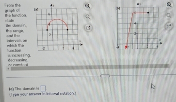 From the 
graph of 
the function. 
the domain, state 
the range. and the 
intervals on 
which the function 
is increasing, 
decreasing, or constant 
(a) The domain is □ 
(Type your answer in interval notation.)