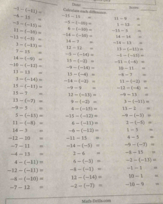 Date: Score:
-1-(-11)= Calculate each difference
_
-6-15= -15-15= 11-9=
-3-(-15)= -5-(-10)= 1-12=
11-(-10)= 6-(-10)= -15-5=
-13-(-3)= -14-(-10)= 14-14=
14-7= -14-13=
3-(-13)= 12-12= 13-(-11)=
7-15= -5-(-14)= -1-(-15)=
14-(-9)= 15-(-2)= -11-(-6)=
-10-(-12)= -9-(-14)= 10-11=
13-13= 15-(-4)= -8-7=
3-(-14)= -14-(-2)= 11-(-2)=
15-(-11)= -9-9= -12-(-4)=
15-7= 12-(-13)= -9-13=
13-(-7)= 9-(-2)= 3-(-11)=
-9-5= 4-(-15)= 13-2=
5-(-15)= -15-(-12)= -9-(-3)=
11-(-8)= 6-(-11)= 2-(-5)=
14-3= -6-(-12)= 1-5=
-12-10= -11-15= 4-5=
-7-11= -14-(-5)= -9-(-7)=
-4-13= 2-6= -8-15=
4-(-11)= 6-(-3)= -2-(-13)=
-12-(-11)= -8-(-1)= -1-1=
-8-(-10)= 12-(-14)= 10-1=
-7-12= -2-(-7)= -10-9=
Math-Drills.com