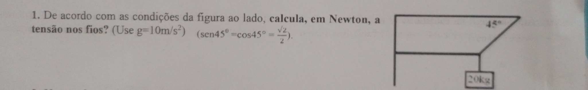 De acordo com as condições da figura ao lado, calcula, em Newton, a
tensão nos fios? (Use g=10m/s^2) (sen 45°=cos 45°= sqrt(2)/2 ).