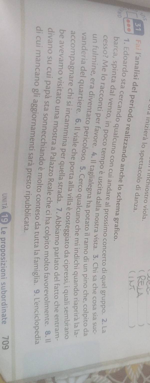 Tnchiostro viola. 
 
) 
l a inizierà lo spettacolo di danza. 
 
) 
31 Fai l’analisi del periodo realizzando anche lo schema grafico. 
... 1. Edoardo sta cercando qualcuno con cui andare al prossimo concerto di quel gruppo. 2. La 
ERNO barca, spinta dal vento, in poco tempo è uscita dalla nostra vista. 3. Chi sa che cosa sia suc 
cesso? Me lo racconti per favore. 4. Il taglialegna ha potato il ramo di un pino che, colpito da 
un fulmine, era diventato pericoloso. 5. Cerco qualcuno che mi indichi quando riaprirà la la- 
vanderia del quartiere. 6. Il viale che porta alla villa è costeggiato da cipressi, i quali sembrano 
accompagnare chi si incammina per quella strada. 7. Abbiamo parlato del fatto che entram- 
be avevamo visitato una mostra a Palazzo Reale che ci ha colpito molto favorevolmente. 8. Il 
divano su cui papà sta sonnecchiando è molto conteso da tutta la famiglia. 9. Lenciclopedia 
di cui mancano gli aggiornamenti sarà presto ripubblicata. 
unità Le proposizioni subordinate 709