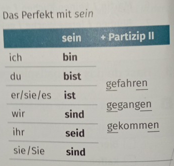 Das Perfekt mit sein 
sein + Partizip II 
ich bin 
du bist gefahren 
er/sie/es ist 
wir sind gegangen 
ihr seid gekommen 
sie /Sie sind