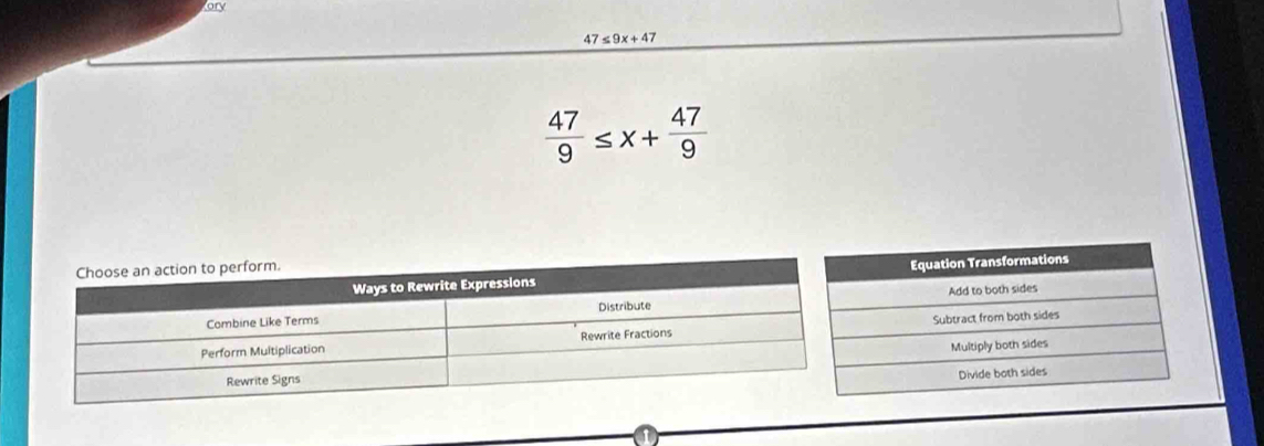 ary
47≤ 9x+47
 47/9 ≤ x+ 47/9 