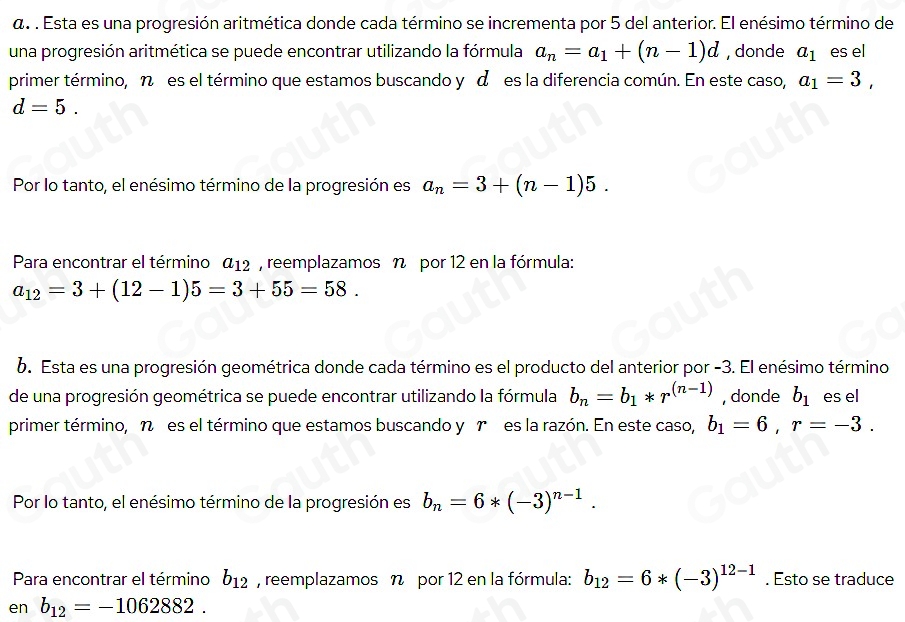 Solved: Escribe el enésimo término de cada progresión. Luego halla el ...