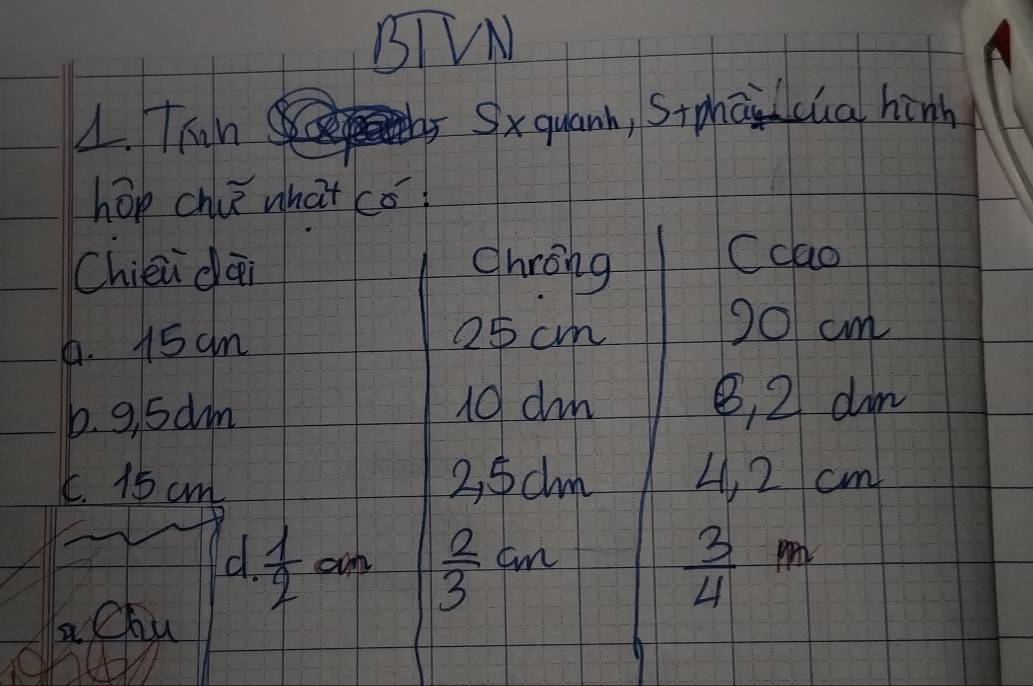 BTV
1 Thin Sx quanh, Stphaicua hinh
hop chi what cǒ?
Chien dāi Ohrong
Ccao
1. 15 cm
25cm
20 cm
b. 9, 5dm
10 din B, 2 dim
C. 15 cm 2, 5chm 4, 2 cm
d  1/2 an L  2/3 cm  3/4 m
a x hu