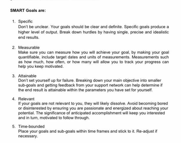 SMART Goals are: 
1.Specific 
Don't be unclear. Your goals should be clear and definite. Specific goals produce a 
higher level of output. Break down hurdles by having single, precise and idealistic 
end results. 
2. Measurable 
Make sure you can measure how you will achieve your goal, by making your goal 
quantifiable, include target dates and units of measurements. Measurements such 
as how much, how often, or how many will allow you to track your progress can 
help you keep motivated. 
3. Attainable 
Don't set yourself up for failure. Breaking down your main objective into smaller 
sub-goals and getting feedback from your support network can help determine if 
the end result is attainable within the parameters you have set for yourself. 
4. Relevant 
If your goals are not relevant to you, they will likely dissolve. Avoid becoming bored 
or disinterested by ensuring you are passionate and energized about reaching your 
potential. The significance of anticipated accomplishment will keep you interested 
and in turn, motivated to follow through. 
5. Time-bounded 
Place your goals and sub-goals within time frames and stick to it. Re-adjust if 
necessary.