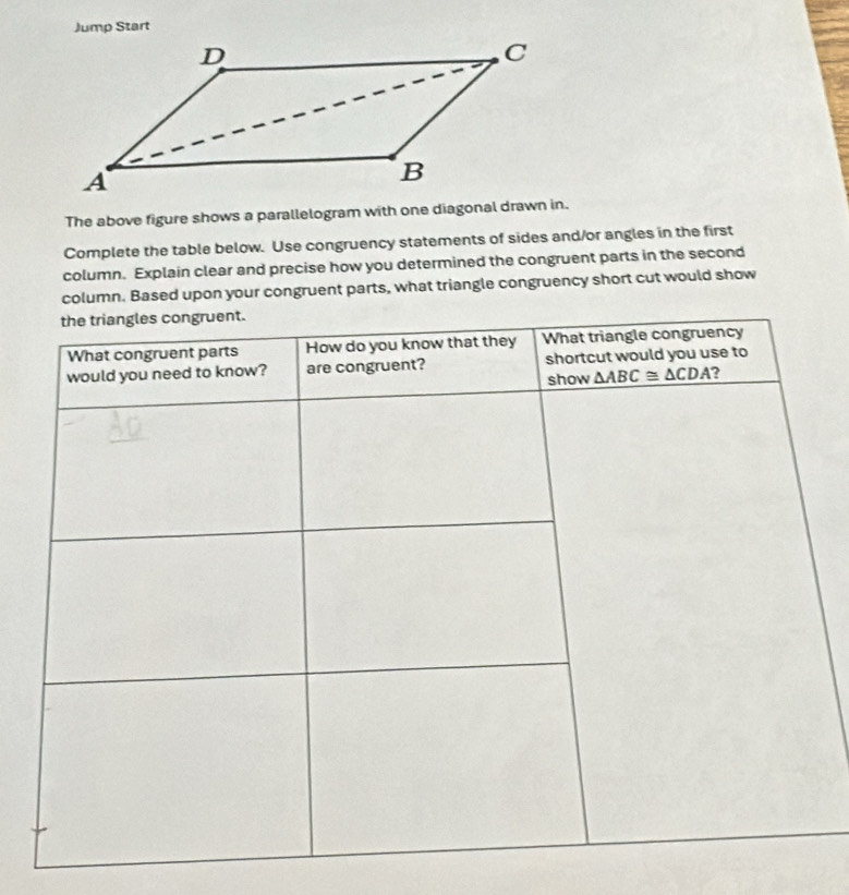 Jump Start
The above figure shows a parallelogram with one diagonal drawn in.
Complete the table below. Use congruency statements of sides and/or angles in the first
column. Explain clear and precise how you determined the congruent parts in the second
column. Based upon your congruent parts, what triangle congruency short cut would show