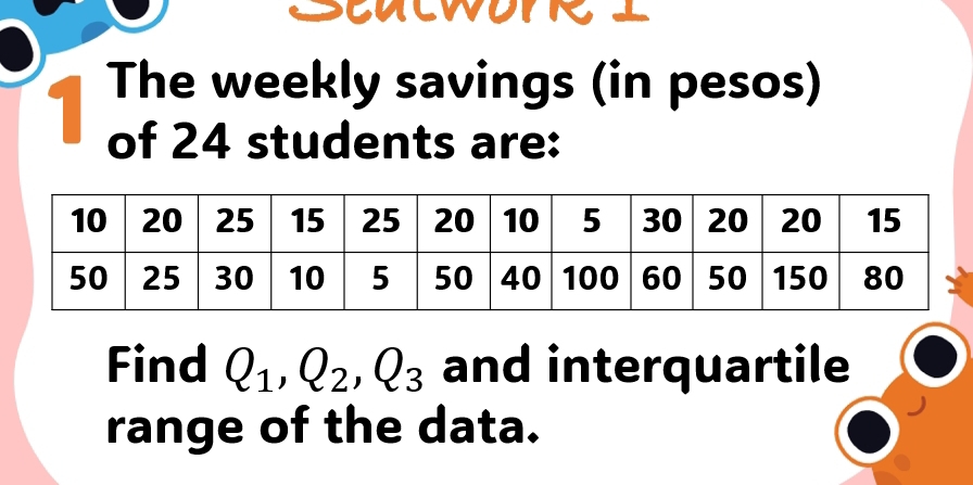 Dcnework⊥ 
The weekly savings (in pesos) 
1 of 24 students are: 
Find Q_1, Q_2, Q_3 and interquartile 
range of the data.