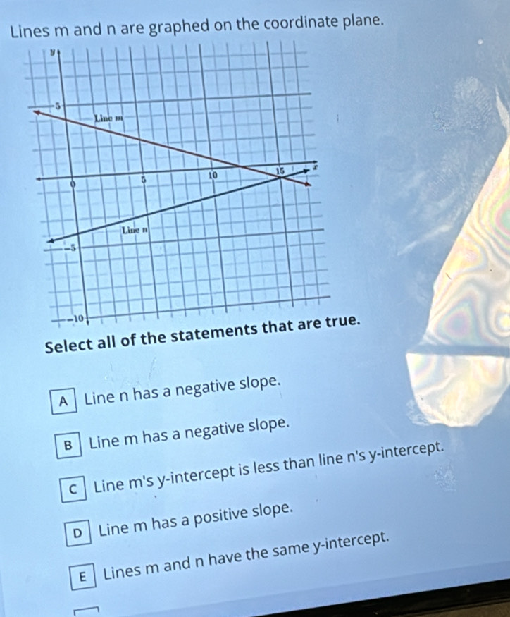 Lines m and n are graphed on the coordinate plane.
Select all of the statem.
A Line n has a negative slope.
B Line m has a negative slope.
C| Line m's y-intercept is less than line n 's y-intercept.
D Line m has a positive slope.
E Lines m and n have the same y-intercept.