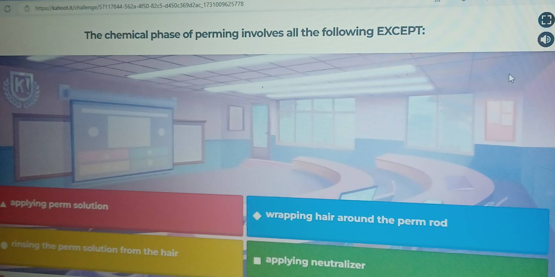 The chemical phase of perming involves all the following EXCEPT:
applying perm solution wrapping hair around the perm rod
rinsing the perm solution from the hair applying neutralizer