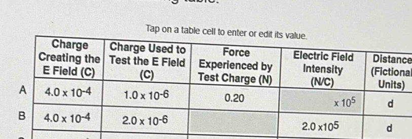 Tap on a table cell to enter 
e
al