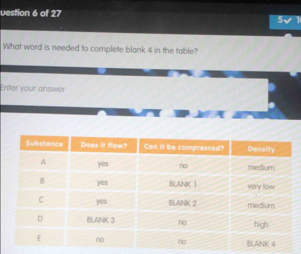 uestion 6 of 27 
5 
What word is needed to complete blank 4 in the table? 
Enter your answer