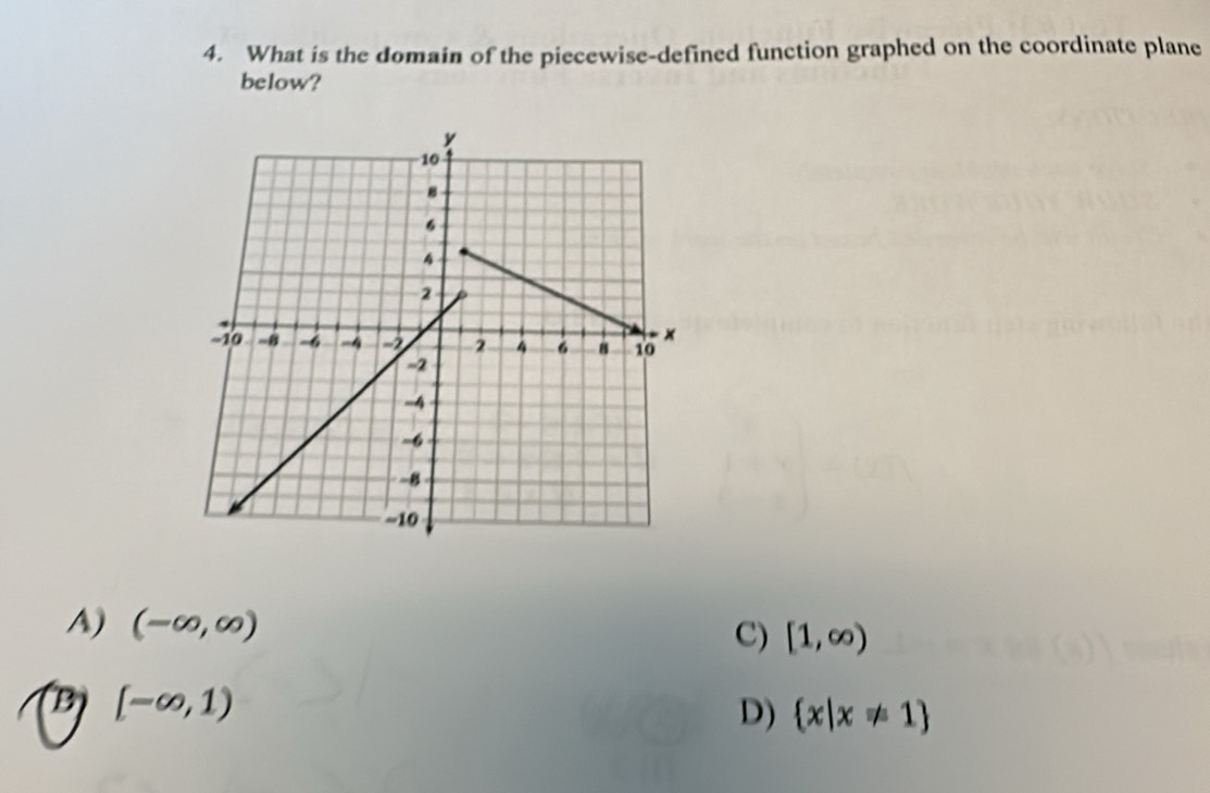 What is the domain of the piecewise-defined function graphed on the coordinate plane
below?
A) (-∈fty ,∈fty )
C) [1,∈fty )
B [-∈fty ,1)
D)  x|x!= 1